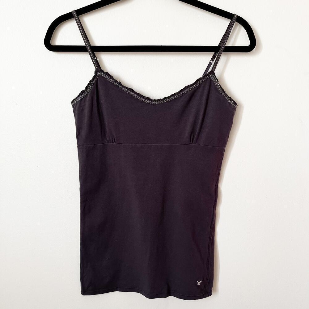 American Eagle Outfitters Y2K Navy Beaded Trim Fitted Babydoll Tank Large 90s